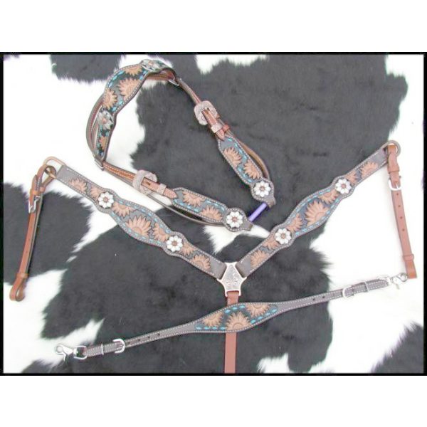 Showman Sunflower Tooled Leather Browband Headstall & Breastcollar Set - Image 3