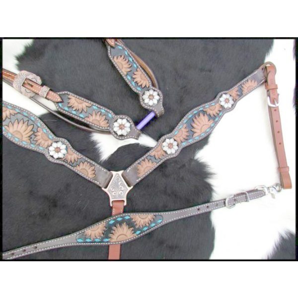 Showman Sunflower Tooled Leather Browband Headstall & Breastcollar Set - Image 4