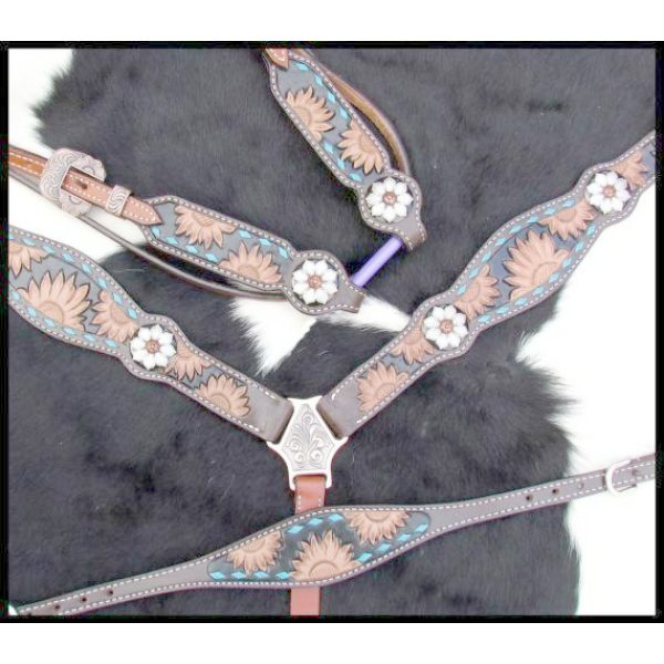 Showman Sunflower Tooled Leather Browband Headstall & Breastcollar Set - Image 5