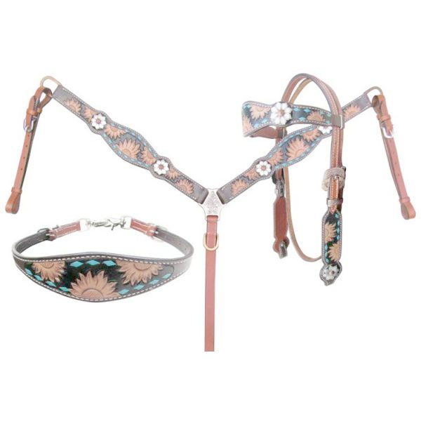 Showman Sunflower Tooled Leather Browband Headstall & Breastcollar Set