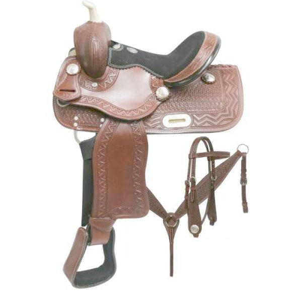 Double T Youth 12" BARREL SADDLE SET with ZIGZAG & BASKET WEAVE Tooled Leather