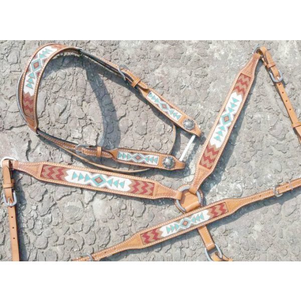 Showman BEADED Navajo Medium LEATHER Browband Bridle BreastCollar Wither Strap SET - Image 4