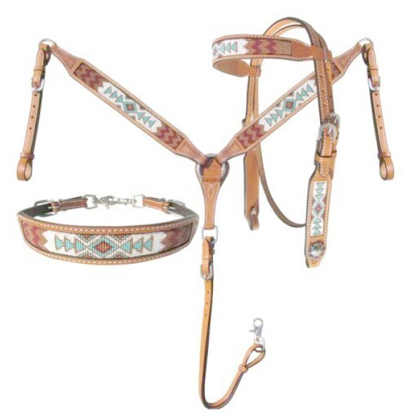 Showman BEADED Navajo Medium LEATHER Browband Bridle BreastCollar Wither Strap SET