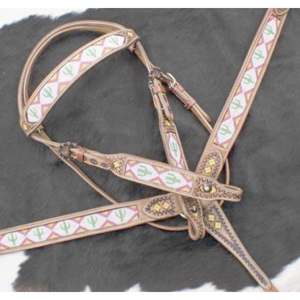 Showman CACTUS & NAVAJO Print Beaded Leather Bridle Reins Breast Collar Set - Image 3