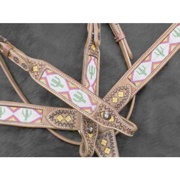 Showman CACTUS & NAVAJO Print Beaded Leather Bridle Reins Breast Collar Set - Image 4