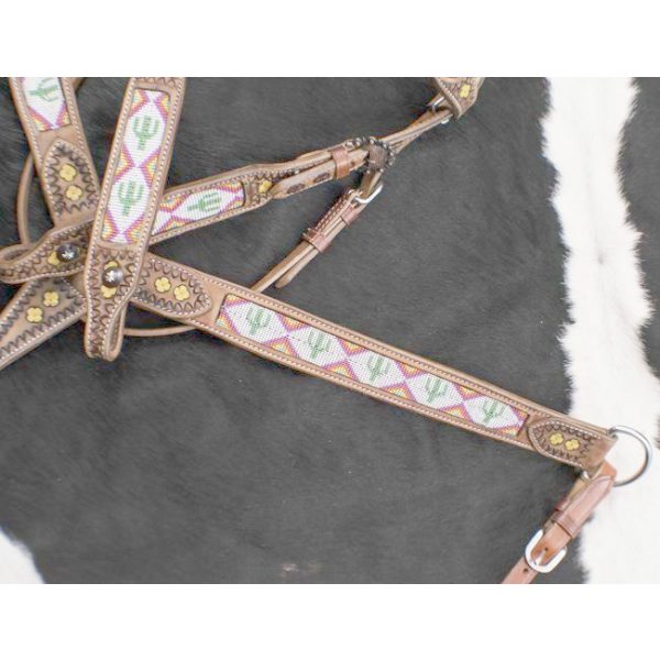 Showman CACTUS & NAVAJO Print Beaded Leather Bridle Reins Breast Collar Set - Image 5