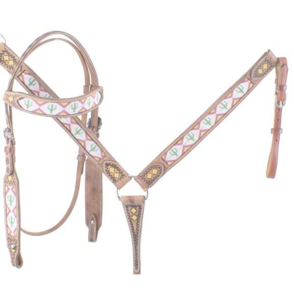Showman CACTUS & NAVAJO Print Beaded Leather Bridle Reins Breast Collar Set