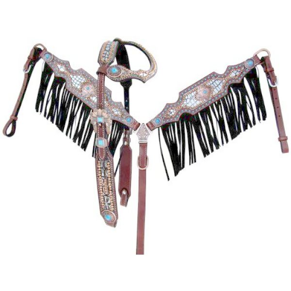 Showman TURQUOISE Stone ALLIGATOR ONE EAR Bridle FRINGE Breast Collar & Rein Set